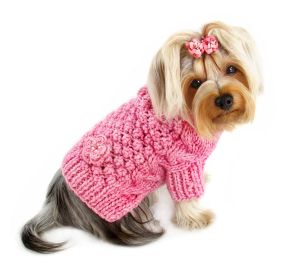 Pink Bobble Stitch Turtleneck Hand Knitted Sweater (Color: pink, size: XS)